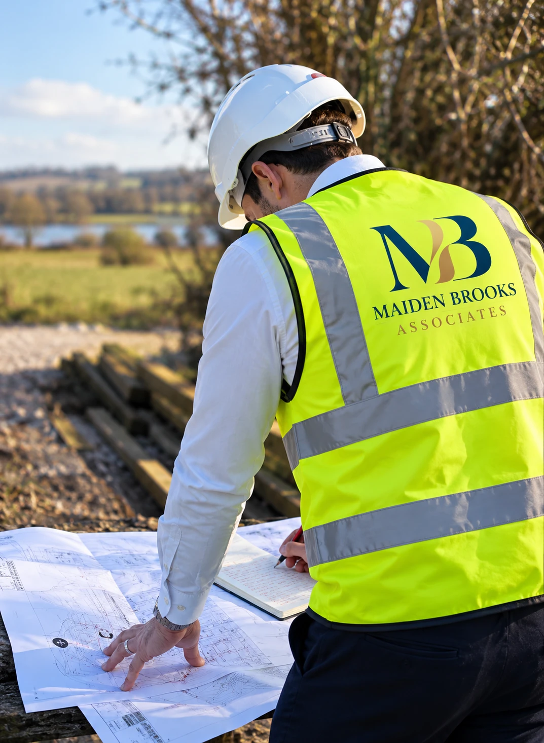 Engineer in MBA-branded workwear reviewing site plans outdoors